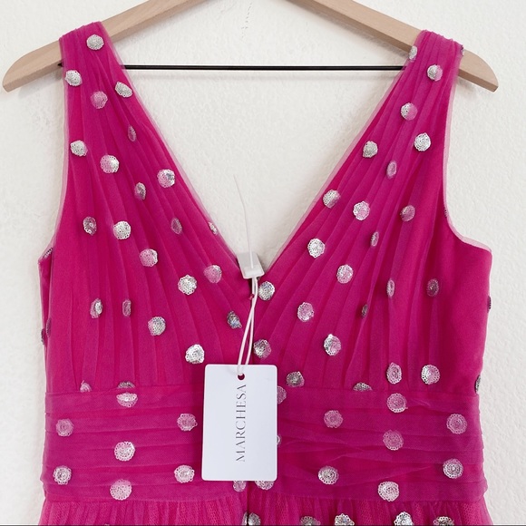 Marchesa Notte Sequin Dot Tulle Ruffle Midi Dress - Picture 13 of 13